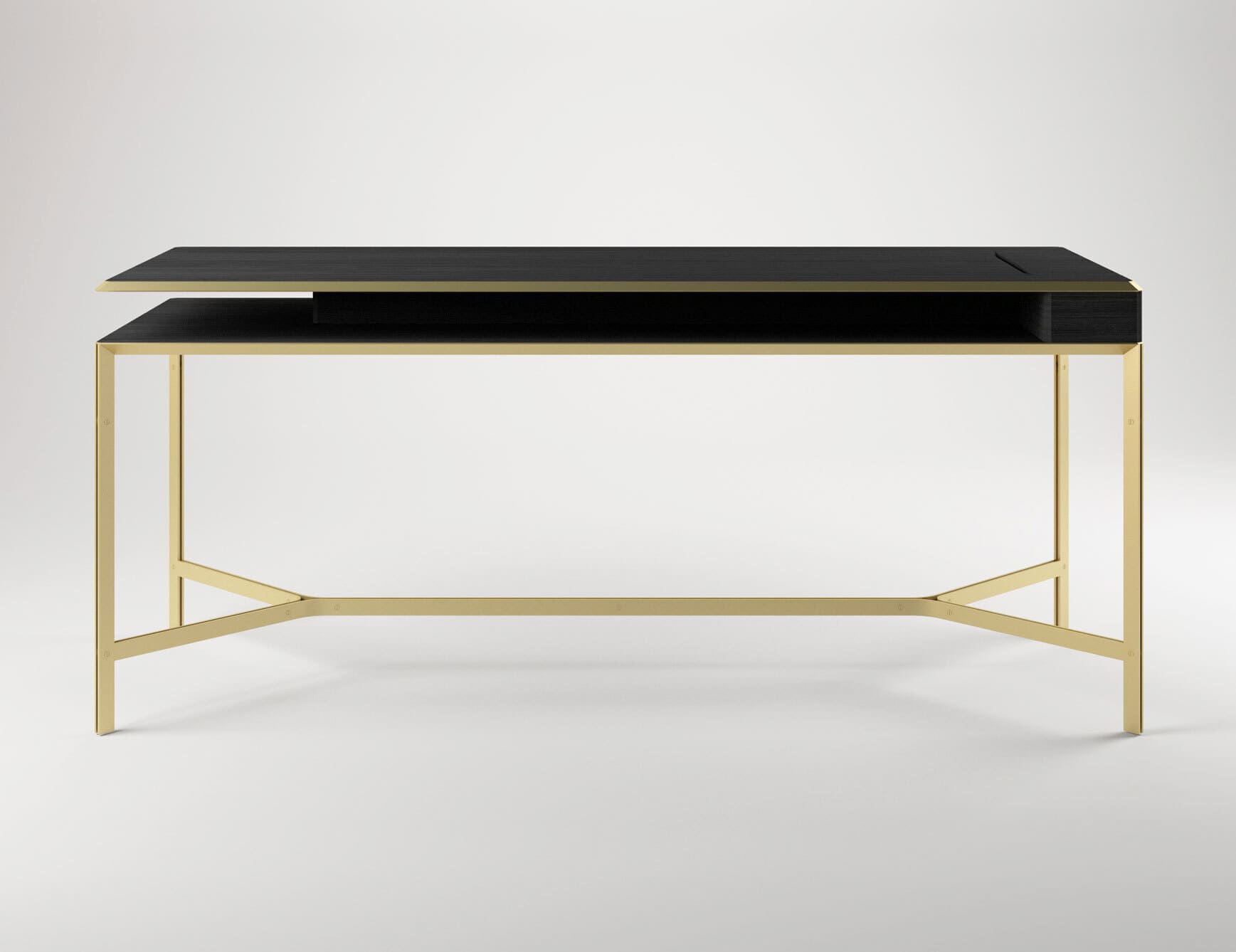 BDS Desk - Ash wood and metal desk with open shelf and gold frame