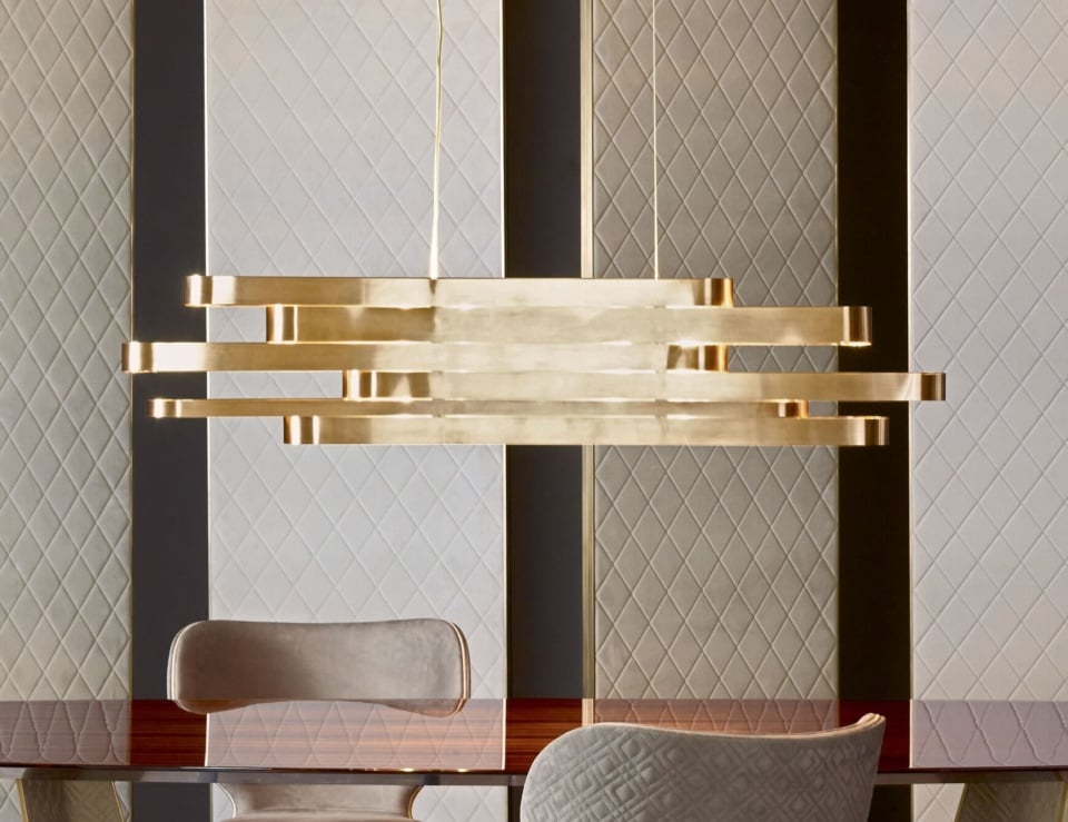 Metal chandelier with layered horizontal bars
