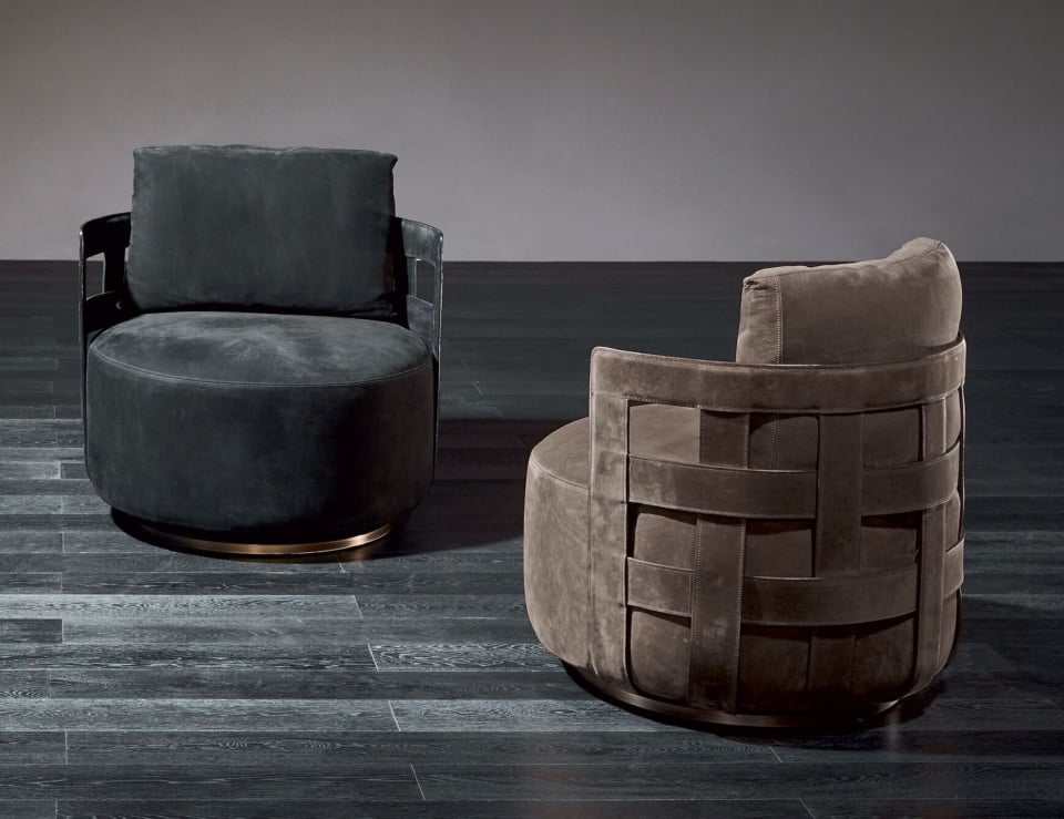 Leather lounge chairs with woven back design