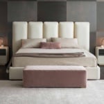 Leather storage bed with upholstered headboard