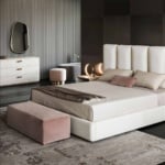 Leather storage bed with upholstered headboard