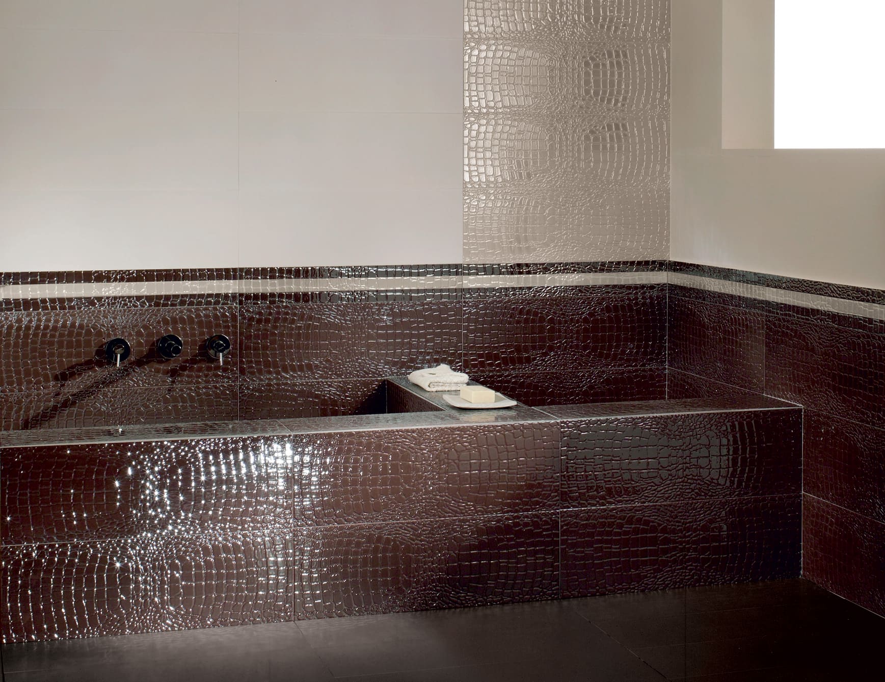Brown ceramic bathroom tiles with textured finish