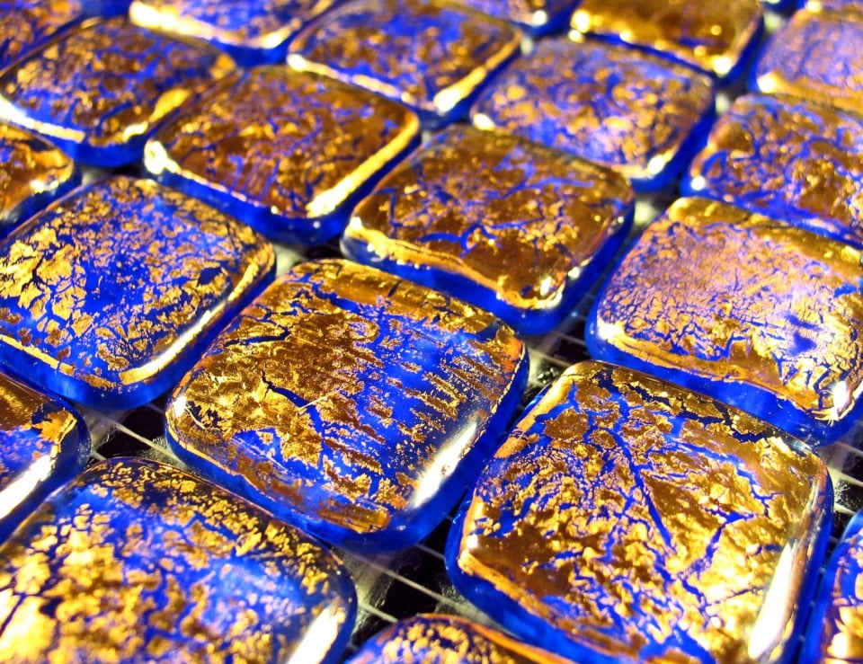 blue and gold Murano glass mosaic tiles