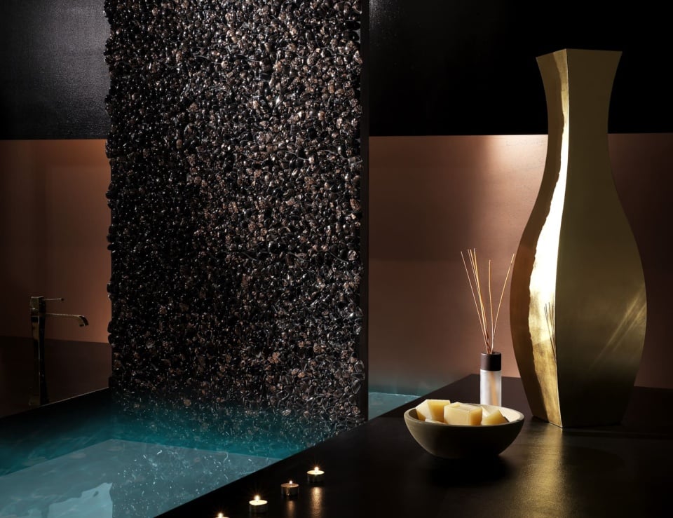 Murano glass mosaic tile wall in bathroom