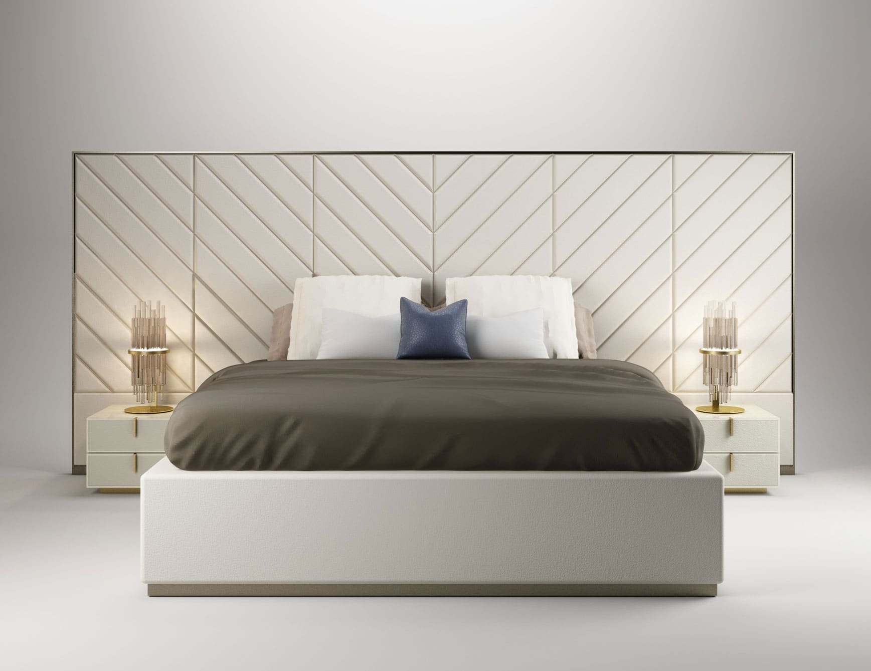 Leather storage bed with padded headboard and side tables in a bedroom setting