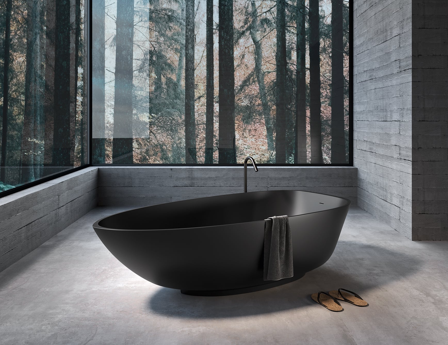 Resin bathtub in neutral bathroom setting.