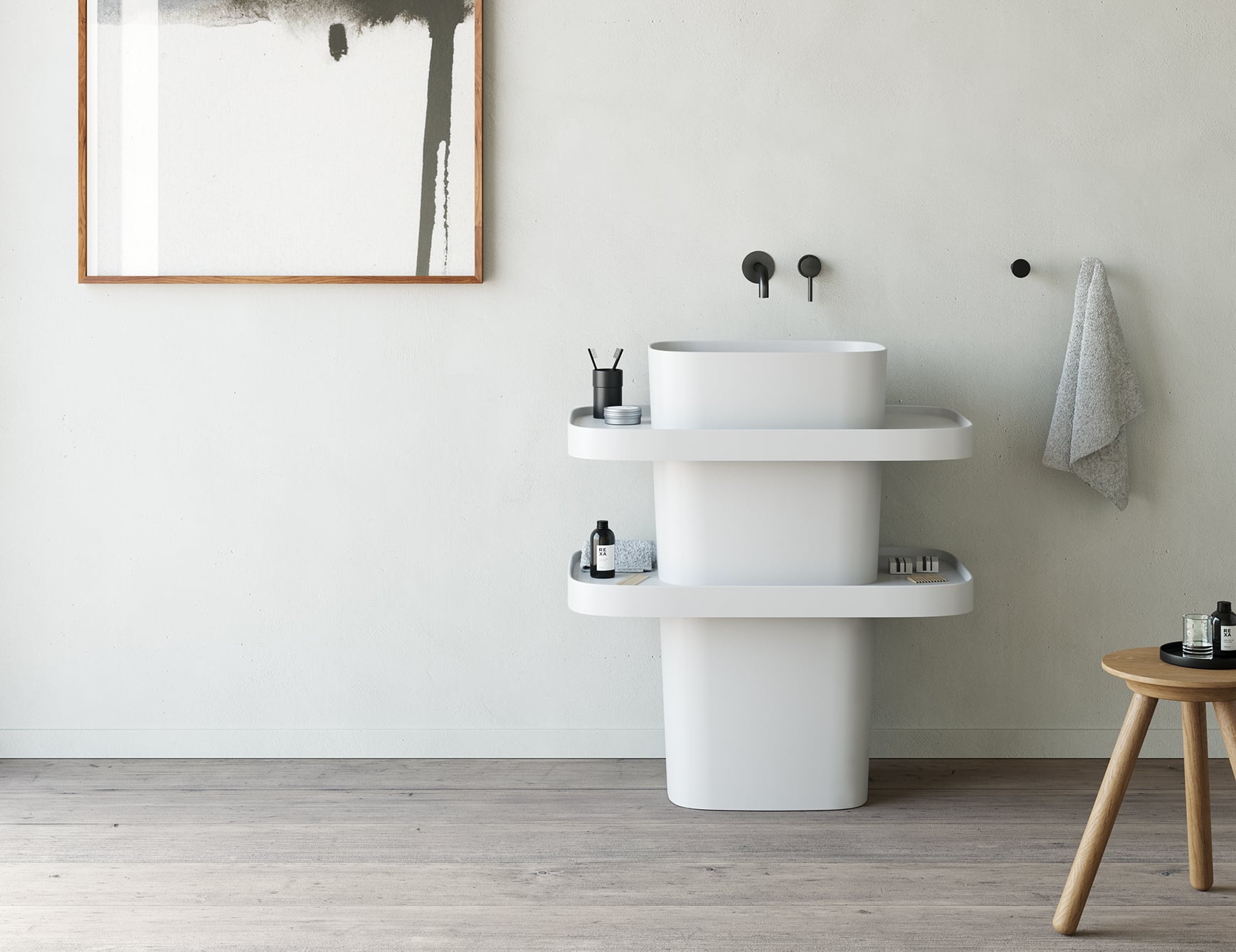 Resin washbasin with integrated shelves in bathroom setting.
