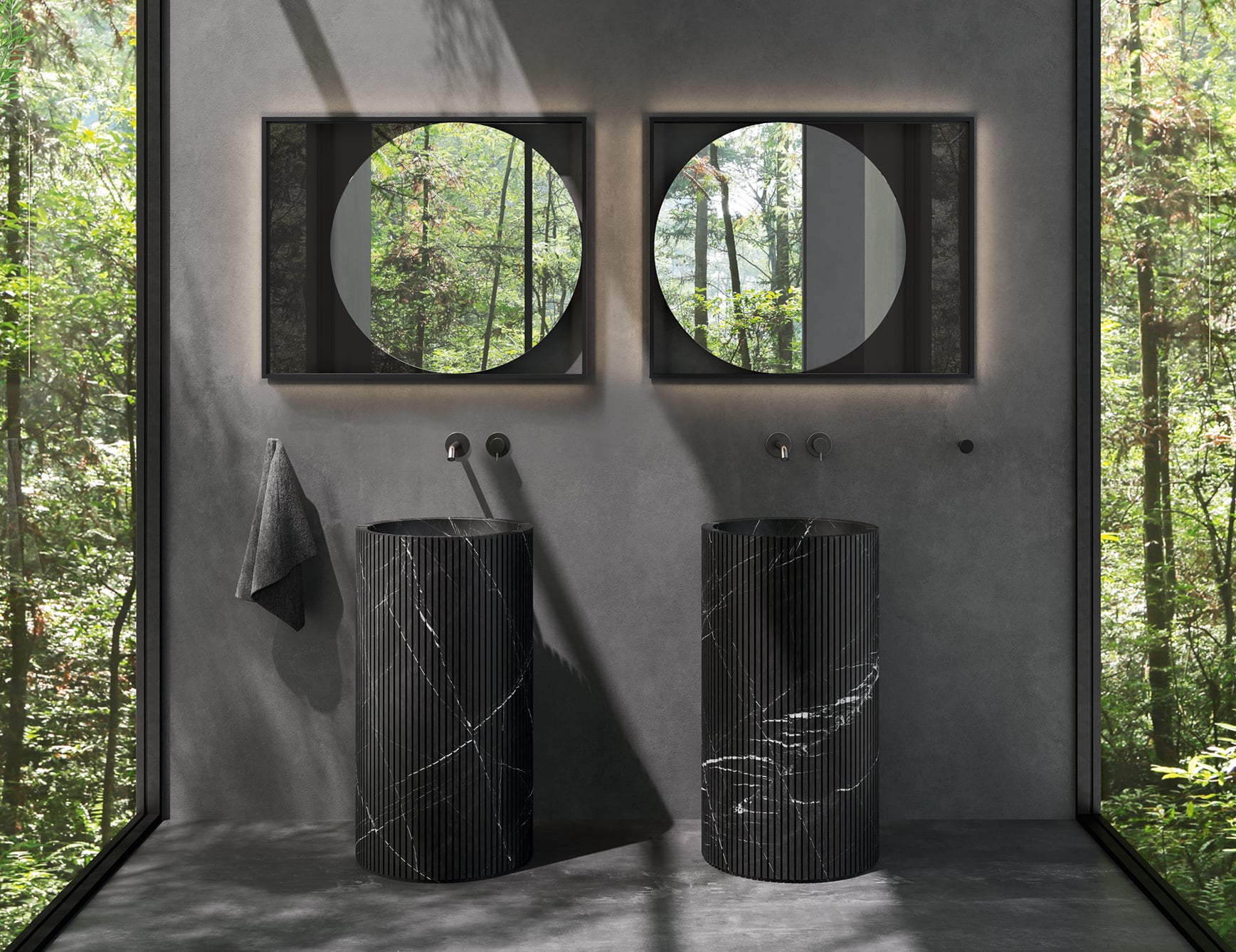 Nero Marquinia marble washbasins in bathroom setting