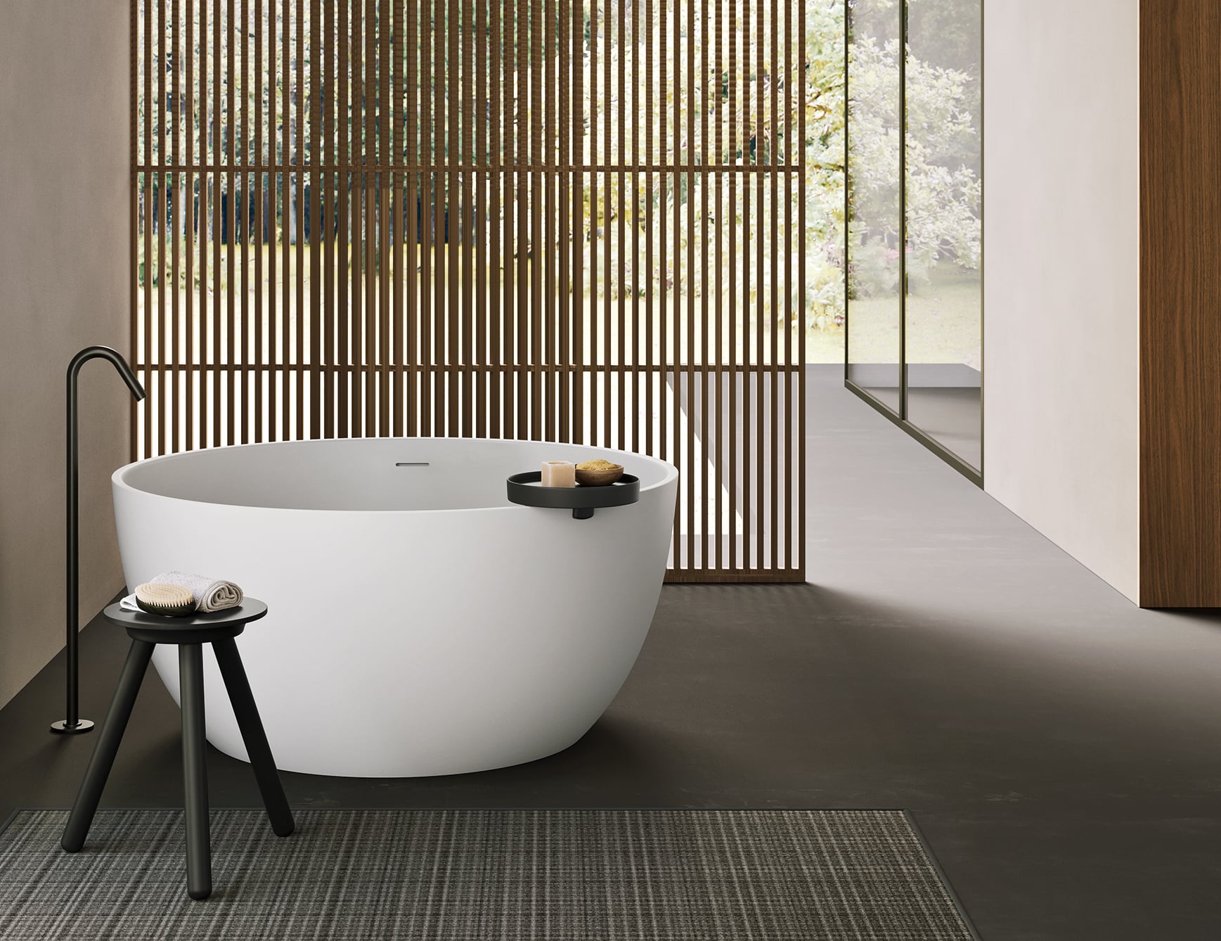 Resin bathtub in a bathroom setting