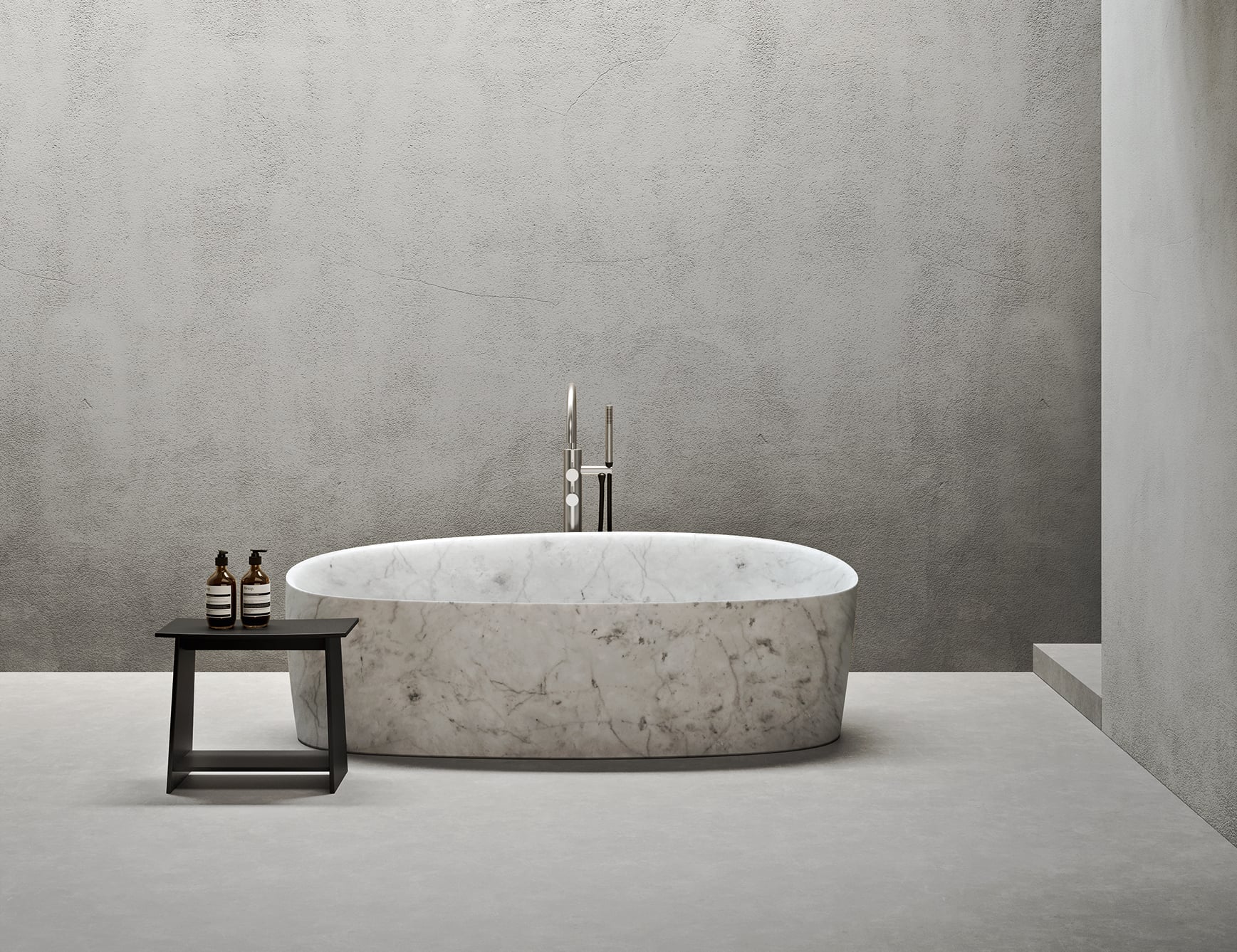 Carrara marble bathtub with freestanding faucet