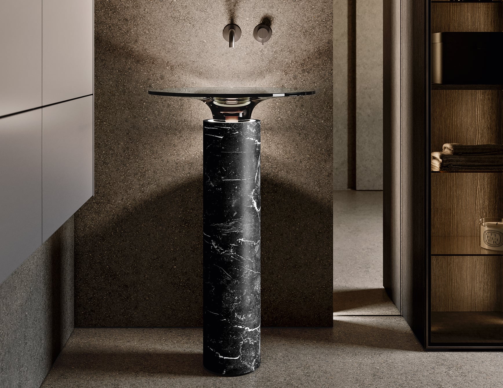 Marble washbasin with Nero Marquinia finish in bathroom setting.