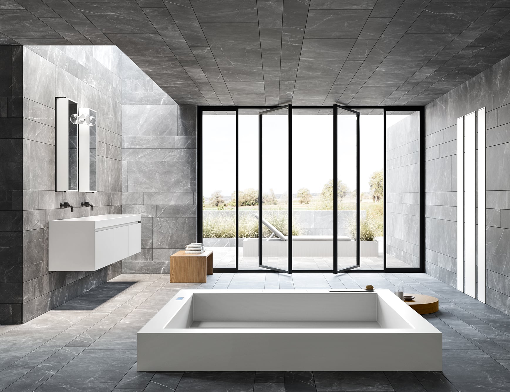 Rectangular resin bathtub in a bathroom