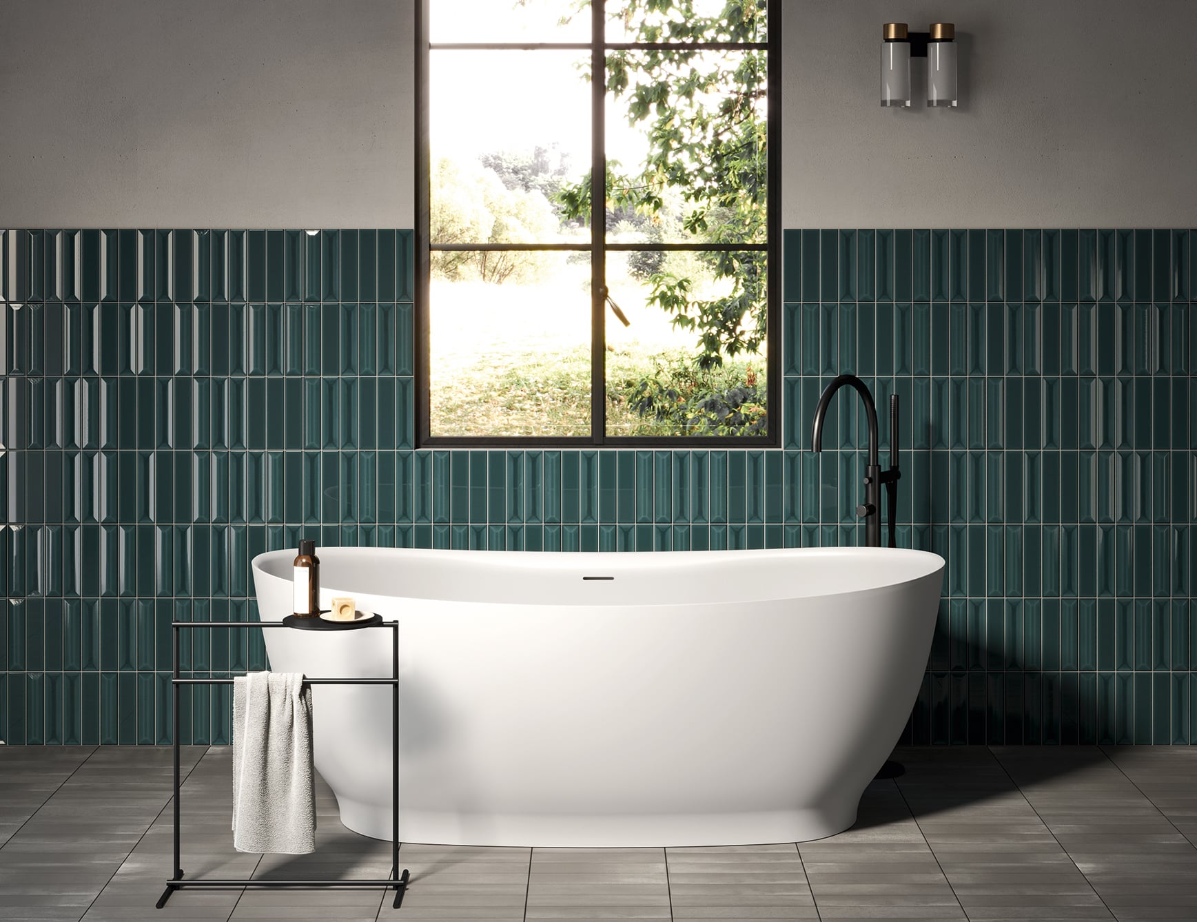 Resin bathtub in a tiled bathroom setting