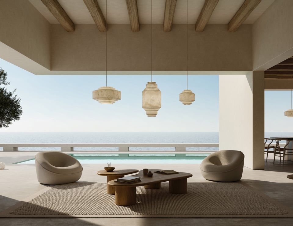 Alabaster pendant lights in seaside setting.