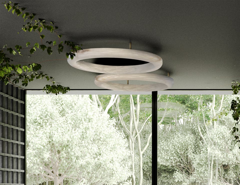 Alabaster hanging pendant light in room with greenery.