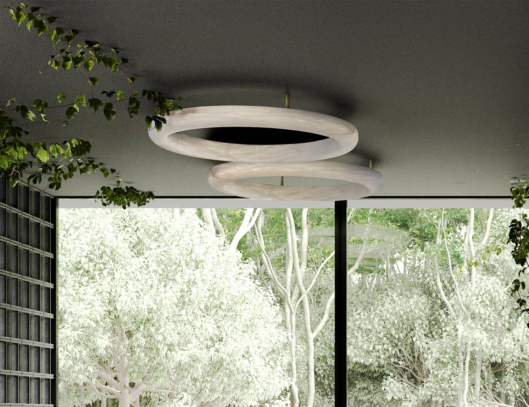 Alabaster hanging pendant light in room with greenery.