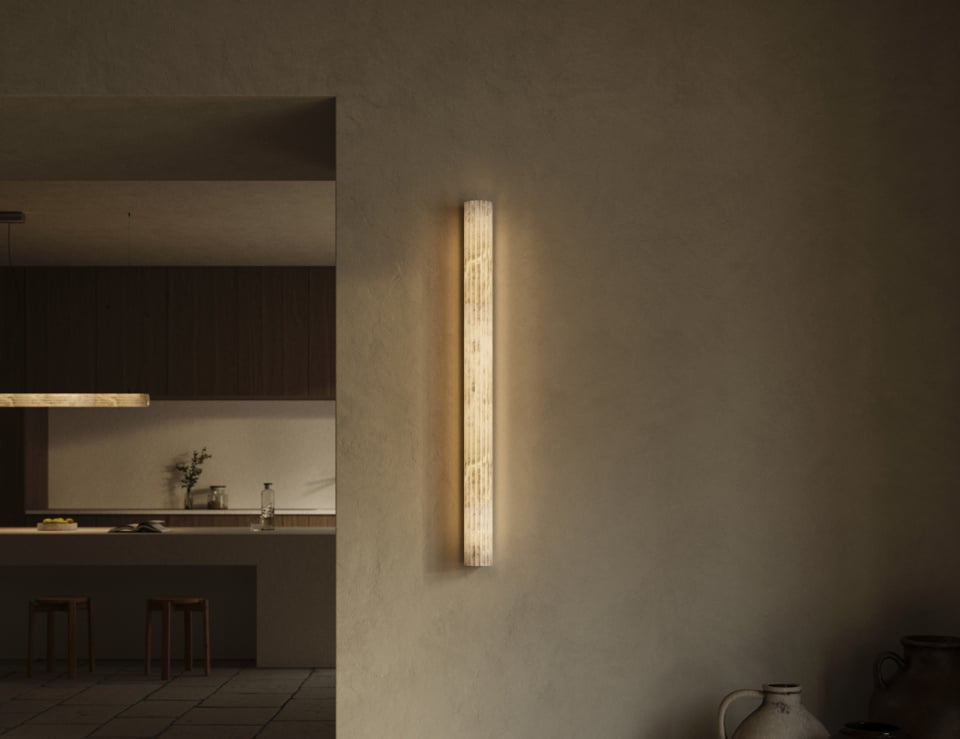 Alabaster hanging light fixture in an interior setting.