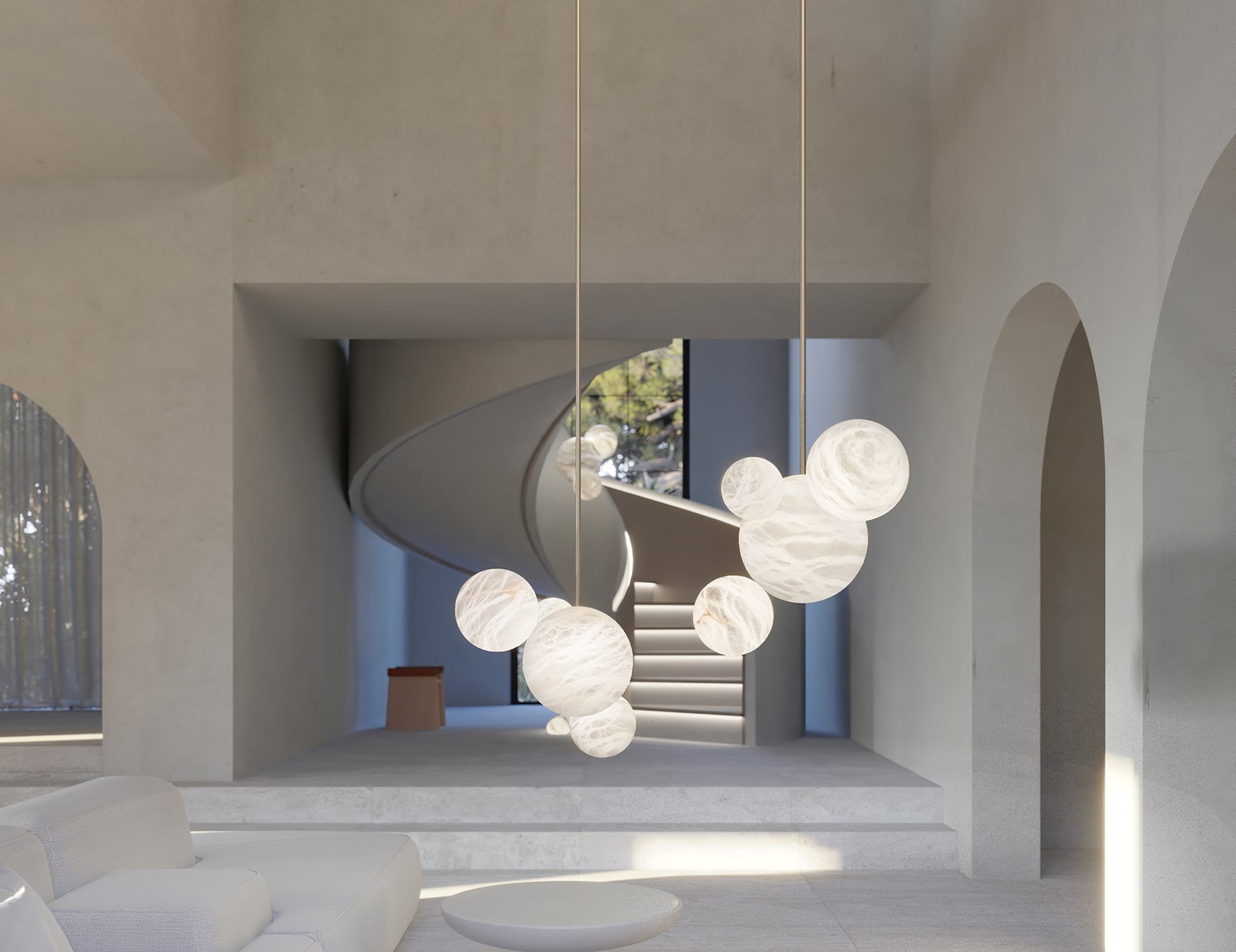 Alabaster pendant lights in a room with arches