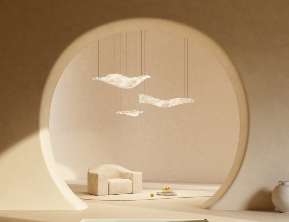 Alabaster hanging lights in airy interior setting