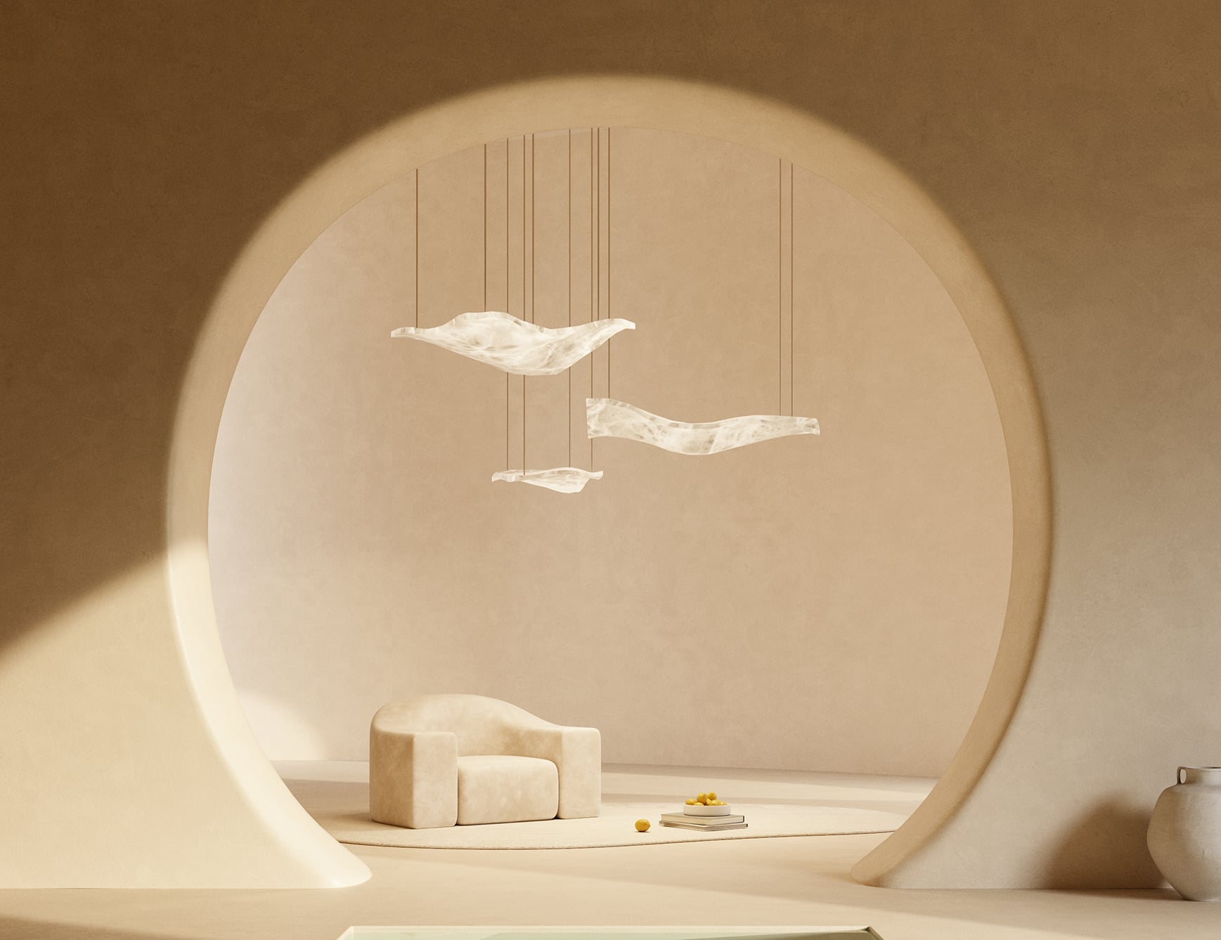 Alabaster hanging lights in airy interior setting