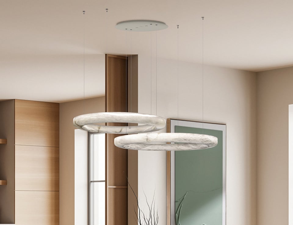 Alabaster suspension lights hanging from ceiling