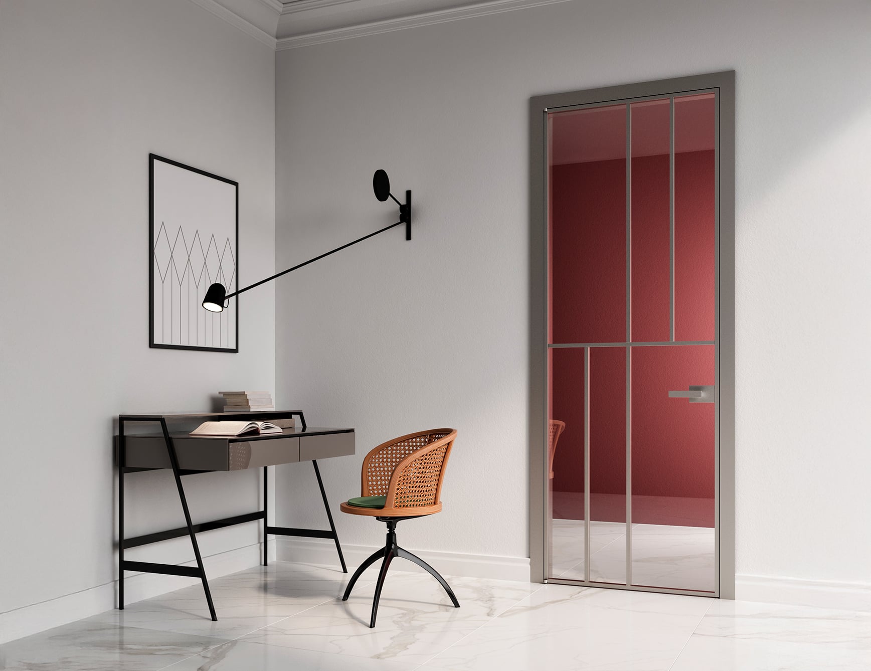 Wood ring hinge architectural door with transparent glass