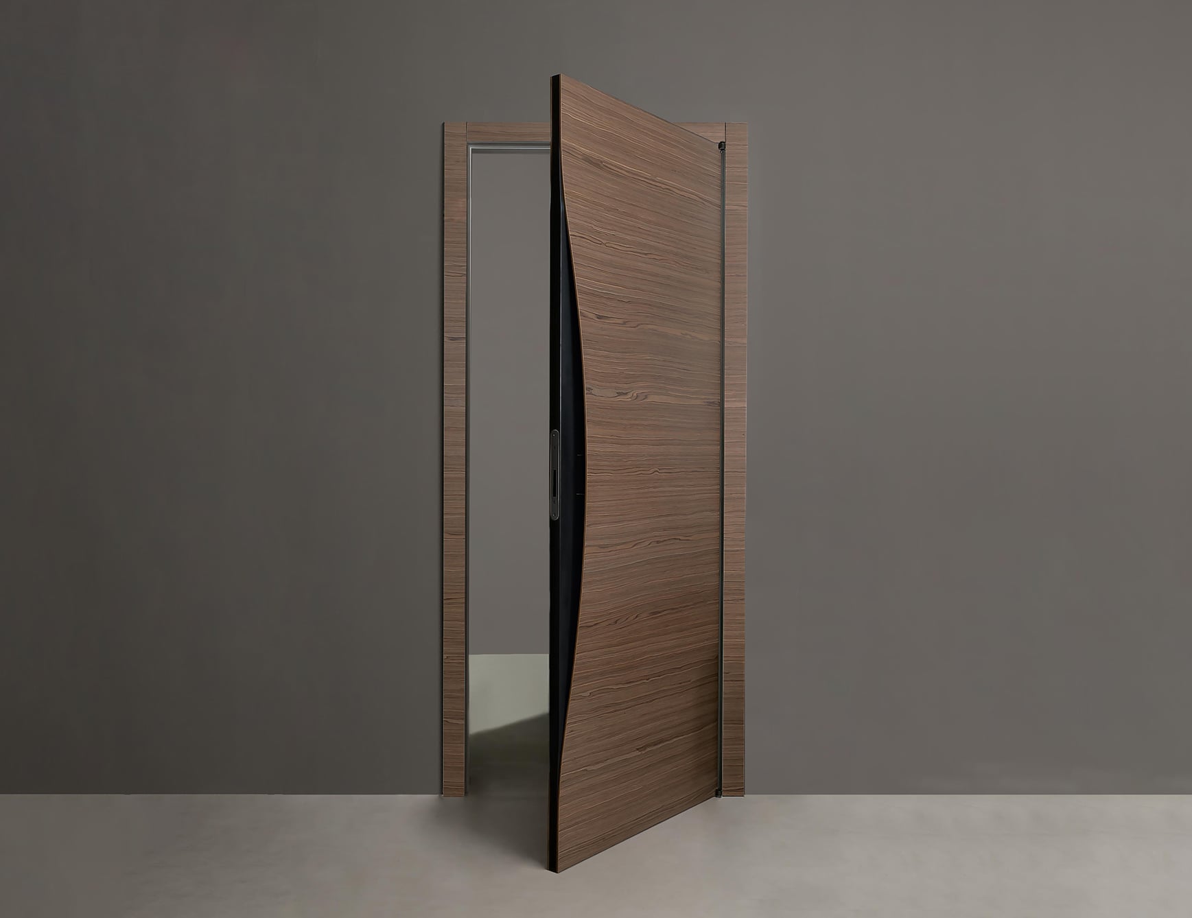 Wood and glass architectural hinge door partially open