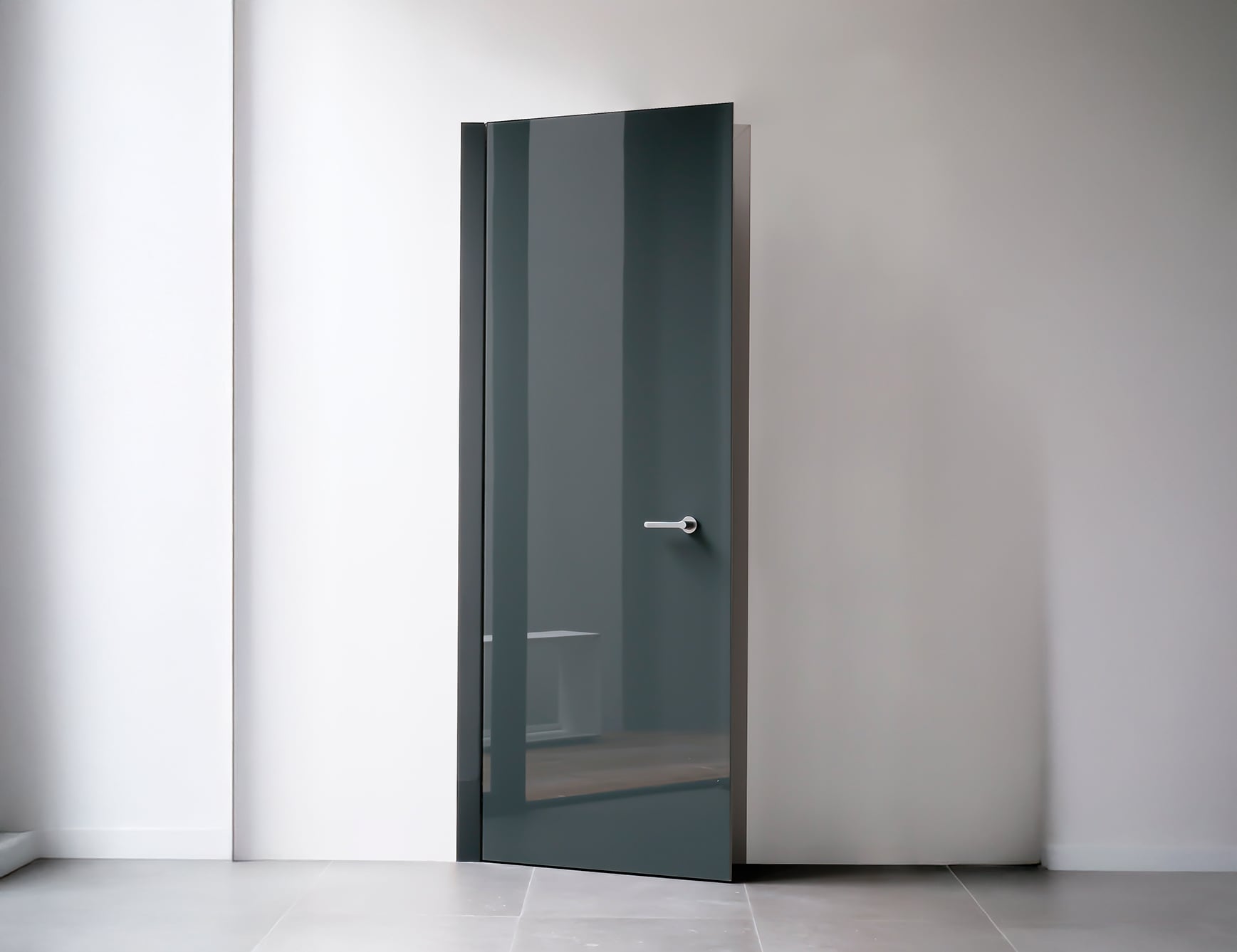 Glass and wood architectural door partially open in room.