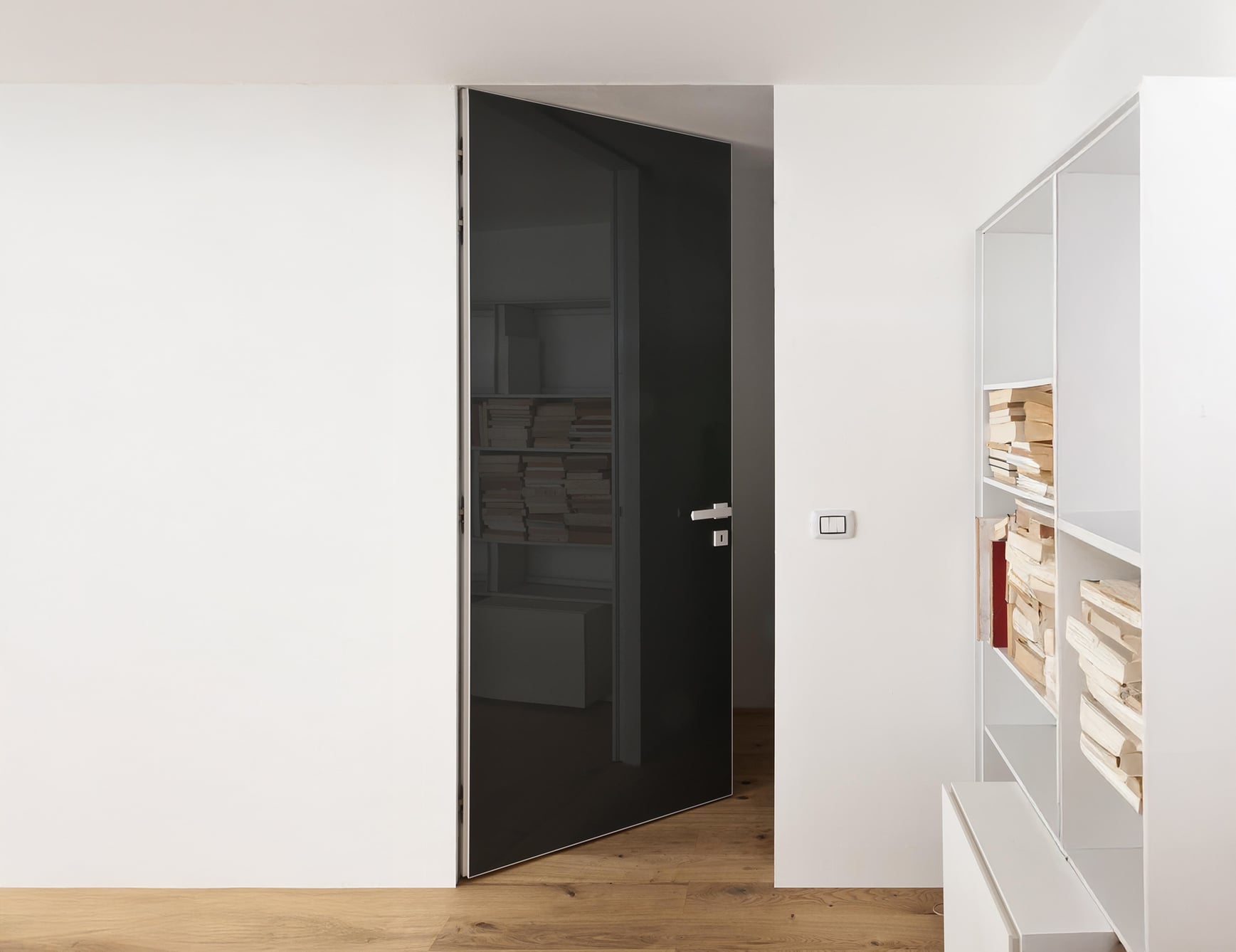 Double glass architectural door with wood frame, open position
