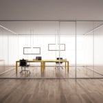 Freestanding glass and wood sliding partition door