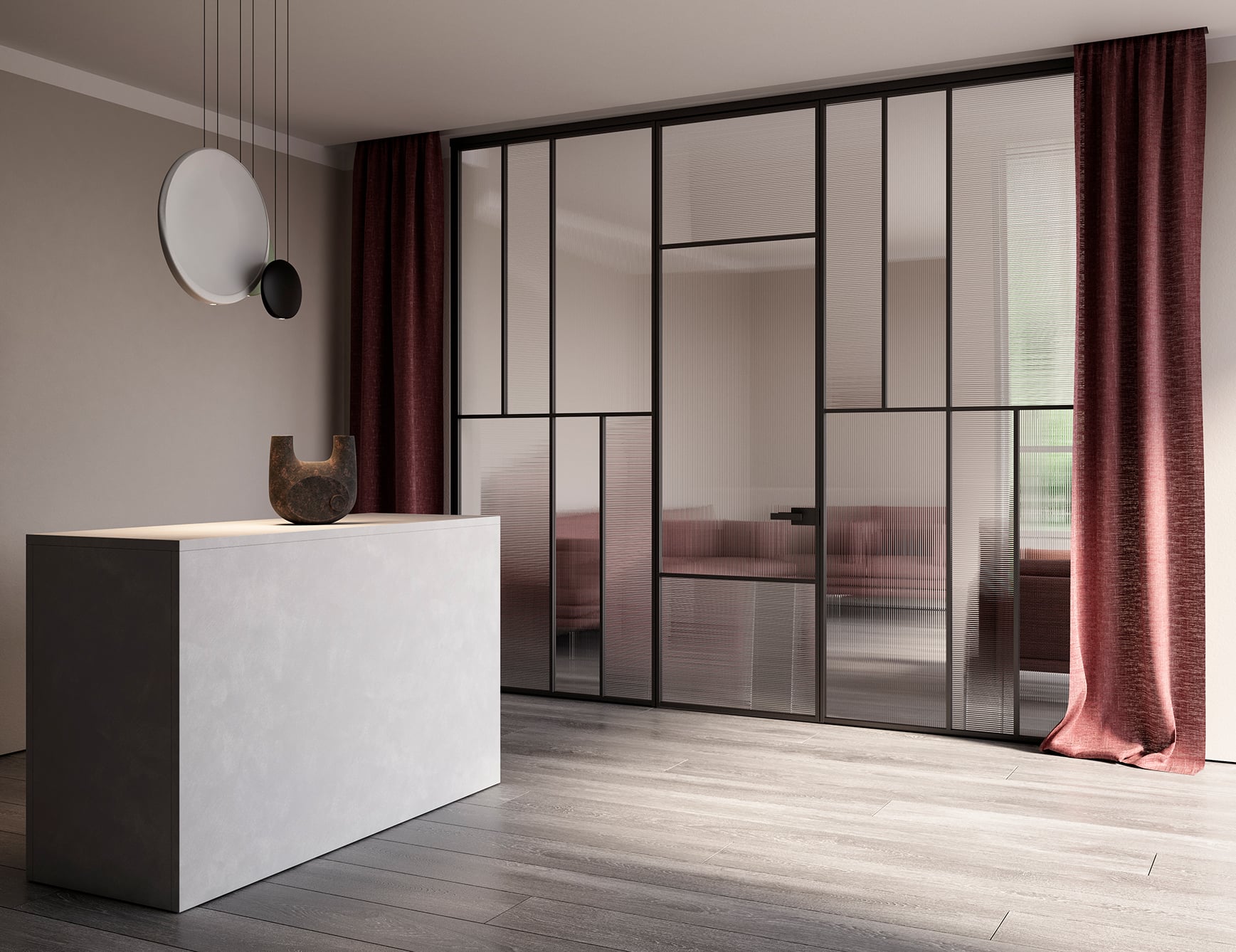 Minimalist interior with red curtains and glass divider
