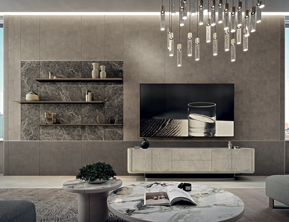 Grey panel wall with marble shelves and television