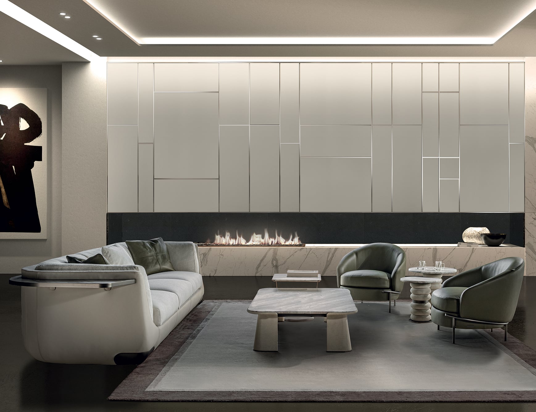 Architectural wall panels and doors in living space.