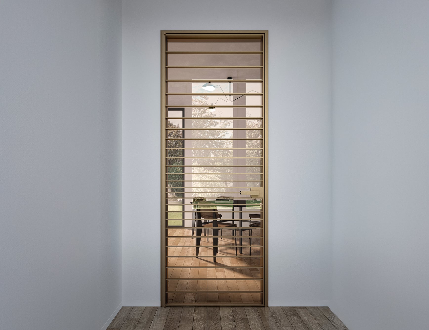 Modern interior with wooden grid door