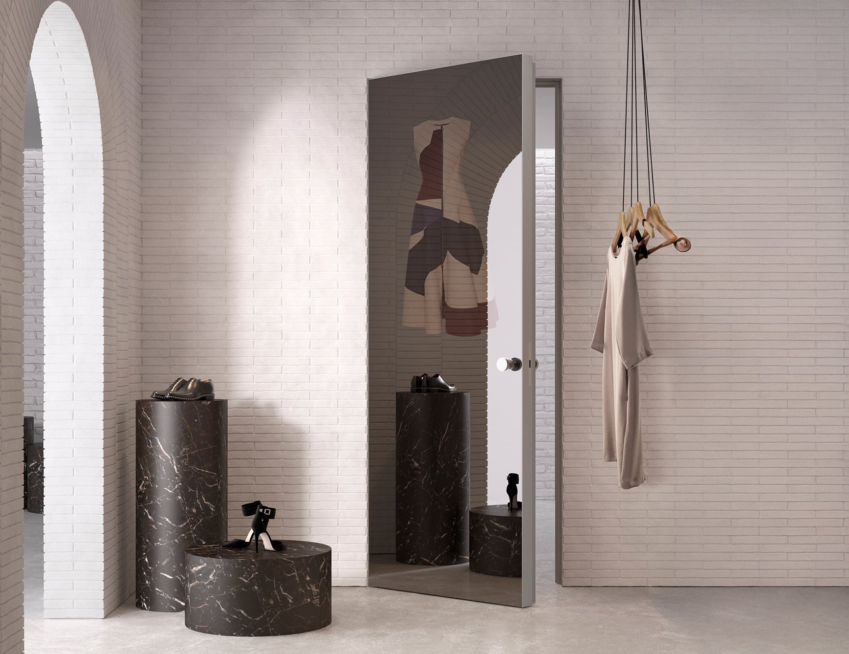 Minimalist room with mirror and clothing rack