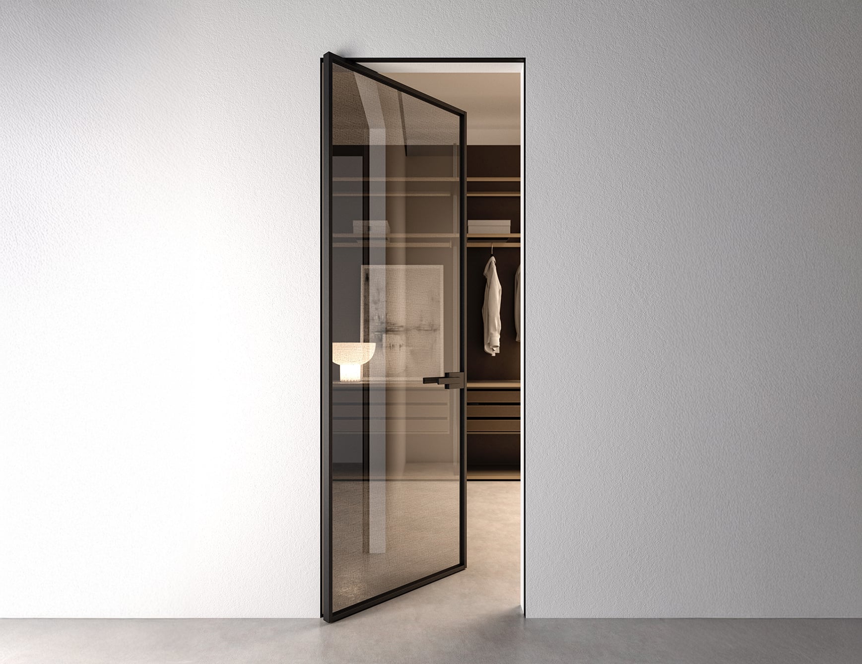 Modern open glass door to a closet