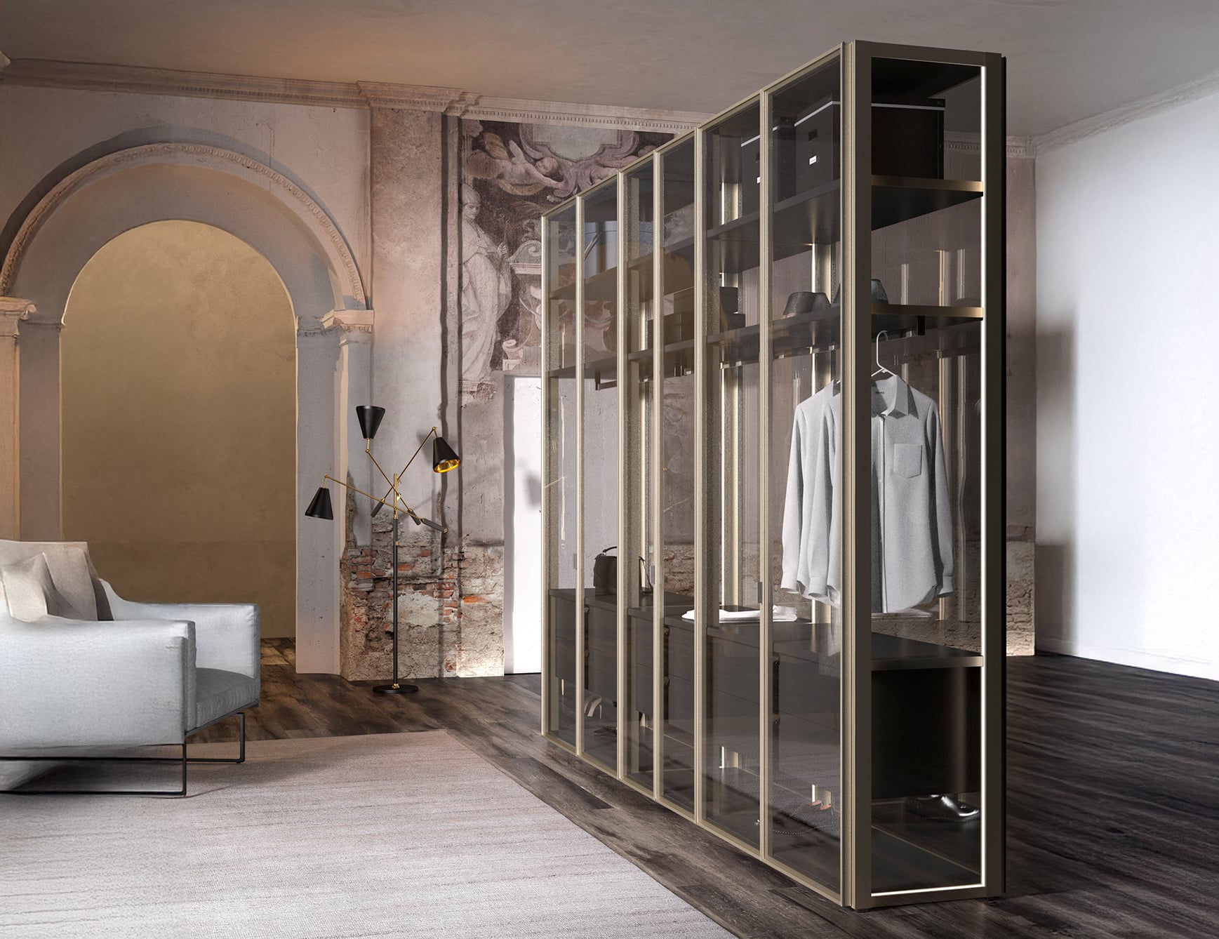 Modern glass wardrobe in elegant room