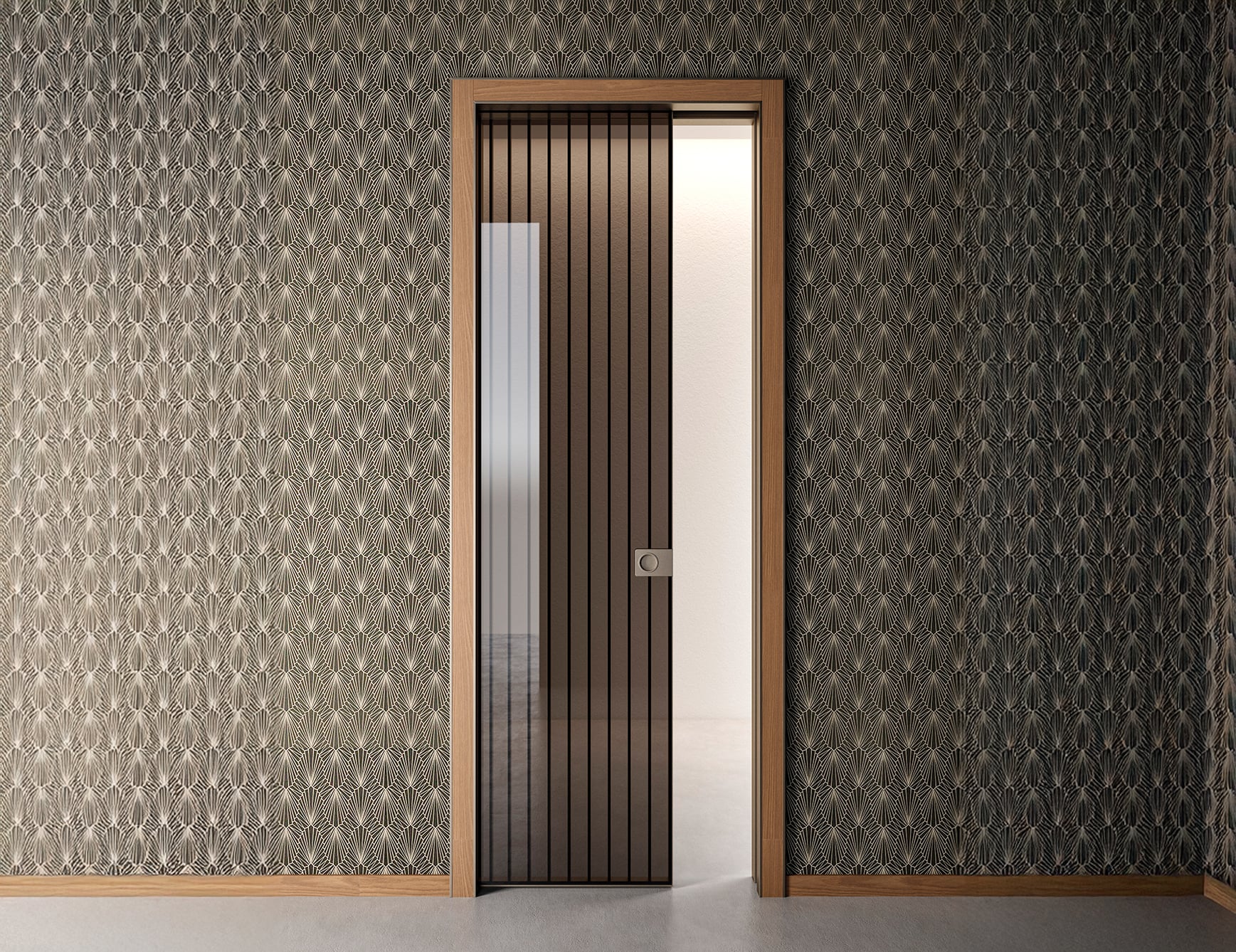 Modern sliding door with patterned wallpaper