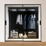 Stylish modern closet with dresses and decor.