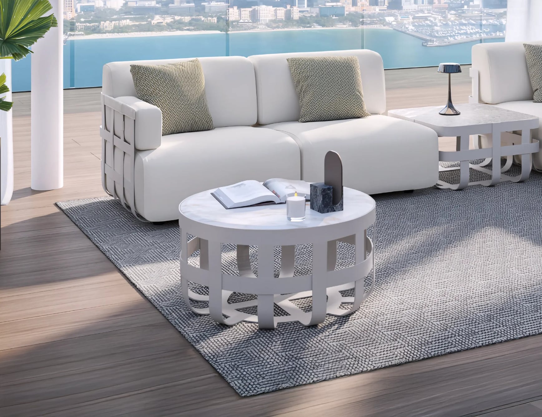 Modern coastal living room with ocean view