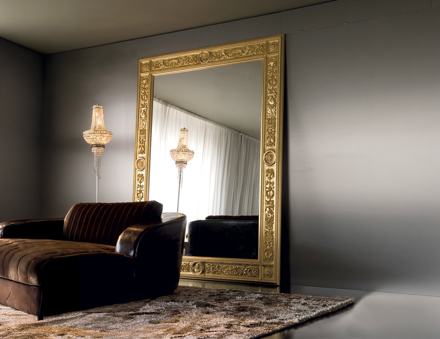 Elegant room with sofa and large mirror