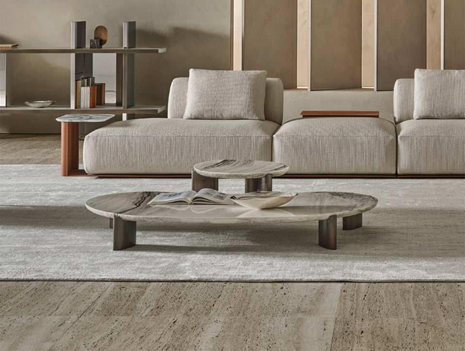 Modern minimalist living room with marble coffee tables