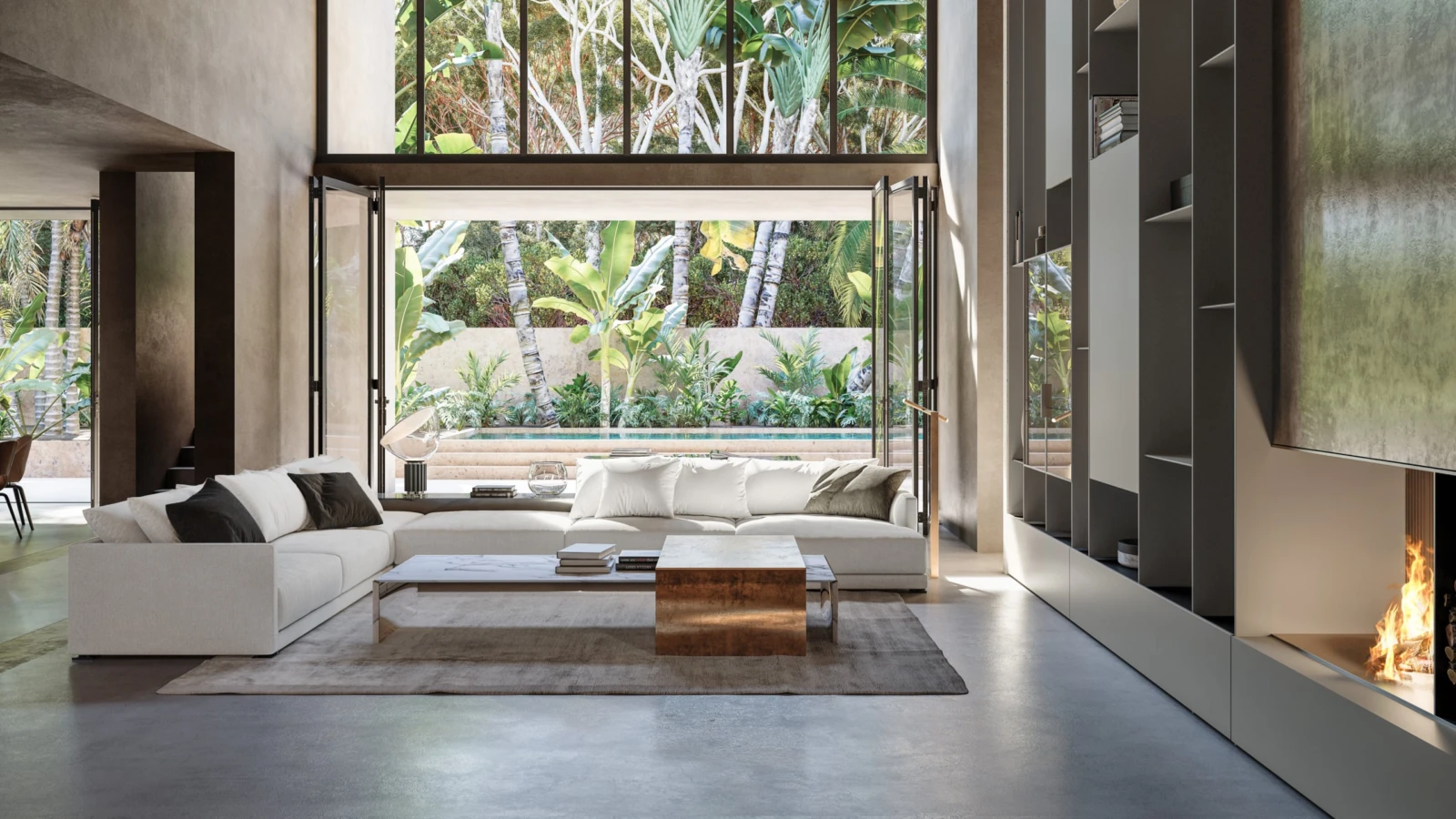 Double-height living space with a steel-framed window onto palms and a low ivory sofa.
