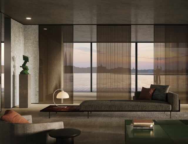 Introducing the Manhattan Sliding Doors, Nella Vetrina's Italian architectural sliding doors, featuring bronze glass with a Canneté pattern and framed in Moka finish with Square handles. Metal finish options include black, white, aluminum, titanium, moka, and brass. The random Canneté pattern, characterized by irregularly spaced vertical lines, utilizes the interplay of glass and light to create elegant visual movement. The Manhattan collection offers adaptability for sophisticated atmospheres in living and bedroom areas, available as a 180-door, swing door, disappearing sliding door, outside sliding door, or wall system. Finishes and profiles can be customized upon request.
#nellavetrina #livingroomdesign #livingroomdecoration #livingroominspiration #luxurylivingroom #livingroomgoals #italianfurniture #customfurniture #italiandesign #interiordesign #decoration #interiordecor #modernfurniture #customdesign #contemporaryfurniture #homedecor #italianinterior #custommade #architecture #interiordesigner #luxuryfurniture #luxuryliving #italianliving #luxurydesigns